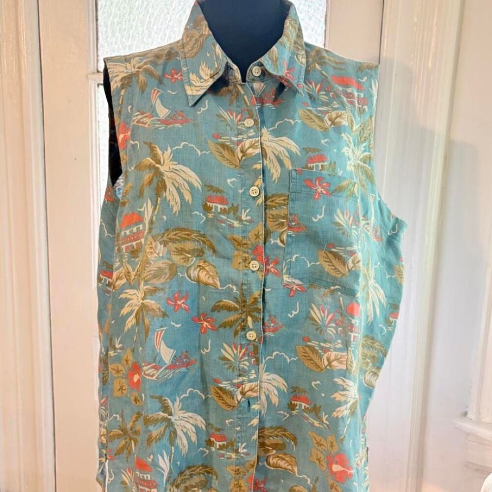 Eddie Bauer 100% Linen Tropical Print Sleeveless Button-up Shirt | Womens XL